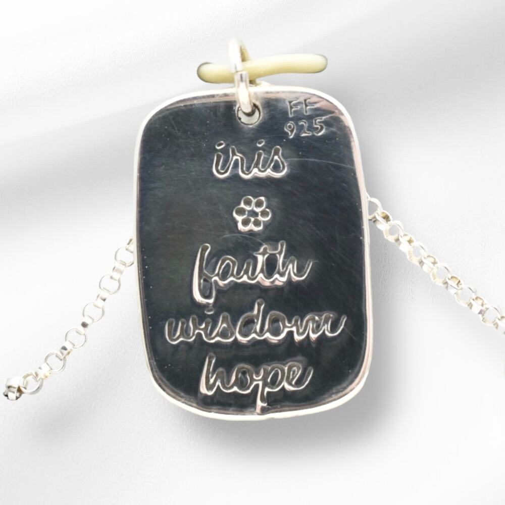 Far Fetched Amethyst Iris Flower Quote Pendant Necklace 925 Sterling Silver - Picture 2 of 4